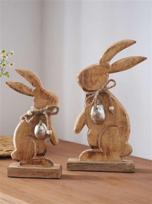 Preview: 2x Dekofigur "Osterhase" aus Mango Holz, 20 + 26 cm hoch, Osterdeko, Holzdeko, Osterfigur