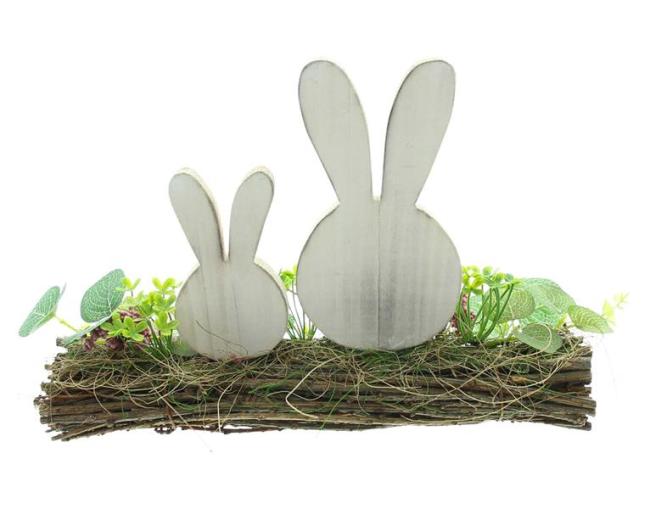 Osterdeko "Rustikal" aus Reisig mit 2 Hasenköpfen aus Holz und Kunstpflanzen, Tischdeko, Frühlingsdeko