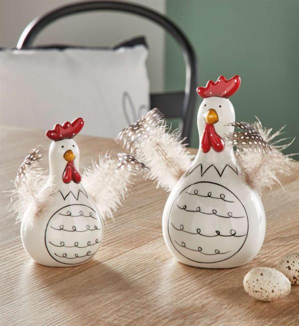 2x Dekofigur Huhn "Federn" aus Porzellan, weiß glänzend, 12 + 16 cm hoch, Osterdeko, Tischdeko, Dekohühner