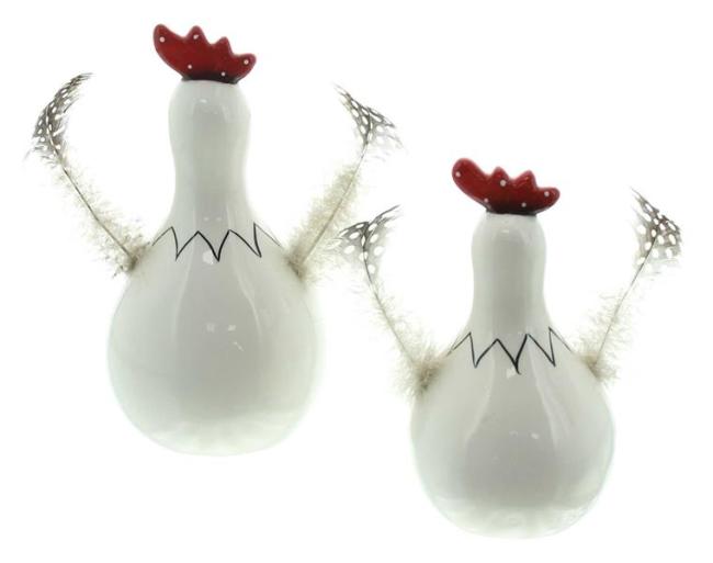 2x Dekofigur Huhn "Federn" aus Porzellan, weiß glänzend, 12 + 16 cm hoch, Osterdeko, Tischdeko, Dekohühner