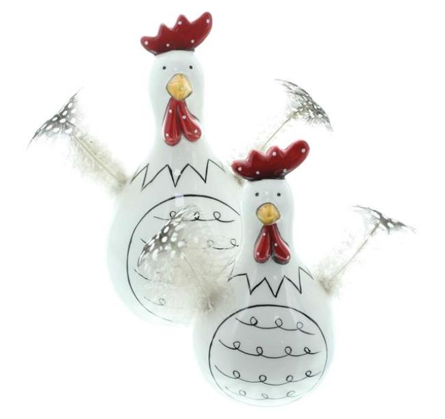 2x Dekofigur Huhn "Federn" aus Porzellan, weiß glänzend, 12 + 16 cm hoch, Osterdeko, Tischdeko, Dekohühner