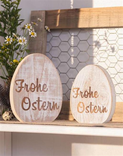 Preview: 2x Deko-Ei "Frohe Ostern" aus Holz, weiß gekalkt, Dekofigur Osterei, 14 + 16 cm hoch, Osterdeko, Holzdeko