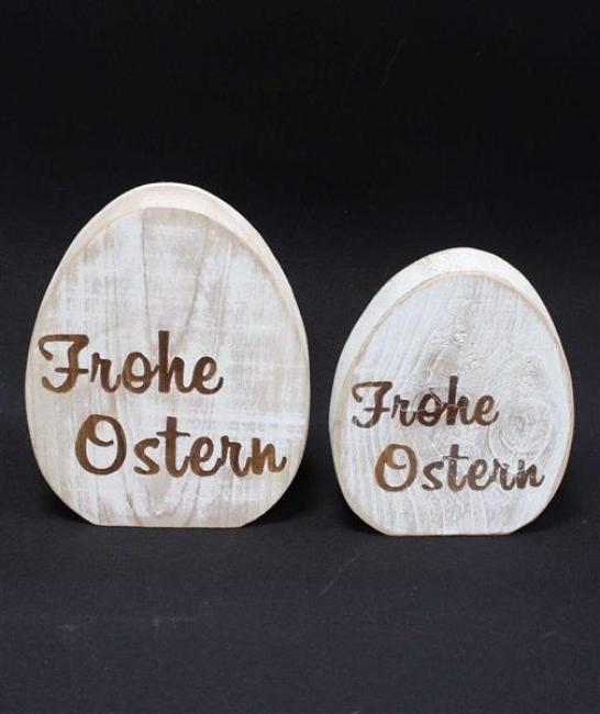 Preview: 2x Deko-Ei "Frohe Ostern" aus Holz, weiß gekalkt, Dekofigur Osterei, 14 + 16 cm hoch, Osterdeko, Holzdeko