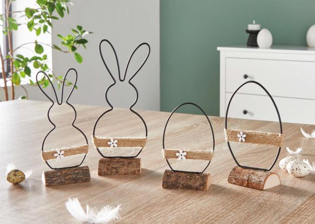 4x Osterdeko "Modern" aus Metall, Holz & Jute, Dekofiguren Osterhase & Osterei, 13 - 22 cm hoch