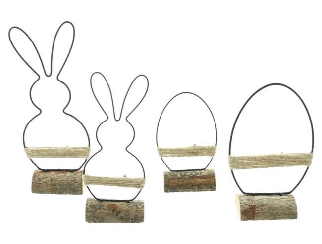 4x Osterdeko "Modern" aus Metall, Holz & Jute, Dekofiguren Osterhase & Osterei, 13 - 22 cm hoch