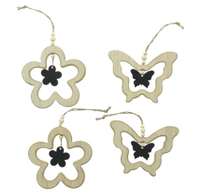 Preview: 4 Dekohänger "Schmetterling & Blume" aus MDF & Metall, Fensterdeko zum Aufhängen, Frühlingsdeko hängend