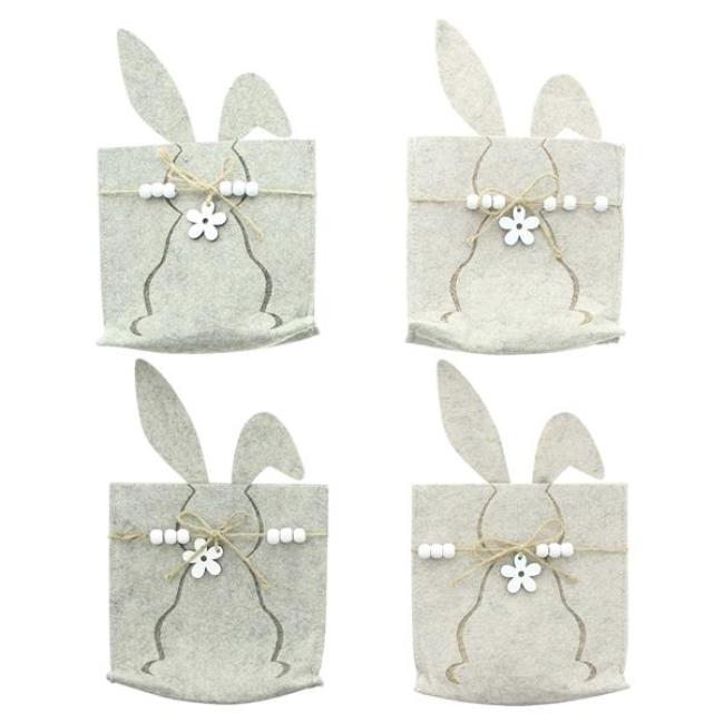 Preview: 4x Filzbeutel "Osterhase", grau & beige, Filz aus recyceltem PET, Geschenbeutel, Osterdeko, Geschenktasche