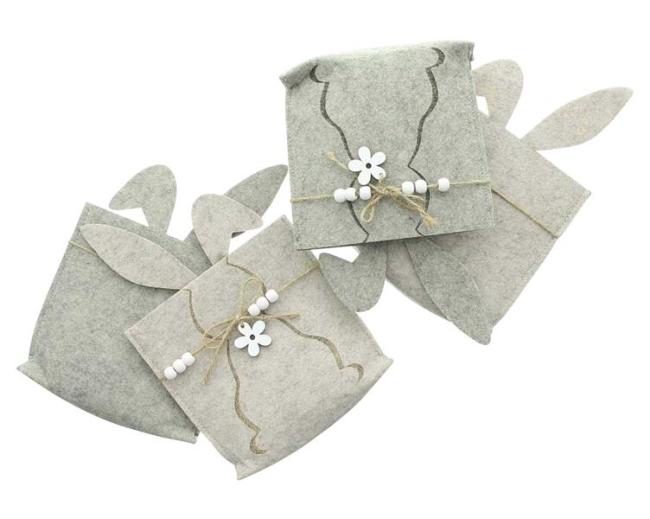 Preview: 4x Filzbeutel "Osterhase", grau & beige, Filz aus recyceltem PET, Geschenbeutel, Osterdeko, Geschenktasche