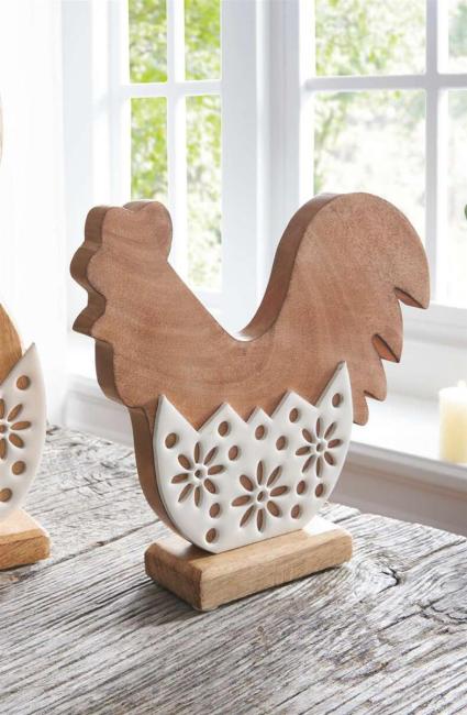 Dekofigur "Huhn" aus Mango Holz & Porzallan, weiß, 19 cm hoch, Osterdeko, Dekohuhn