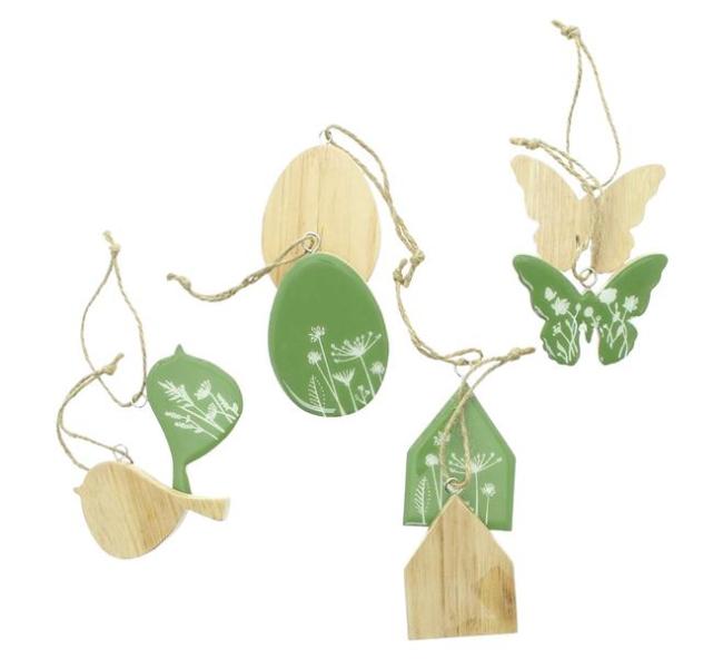 Preview: 8x Dekohänger "Frühling" aus Holz in grün, Osterdeko, Hängedeko, Osterei, Vogel, Haus & Schmetterling