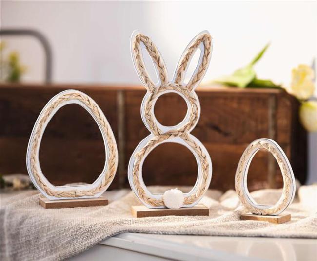 Preview: 3x Osterdeko "Natur" Dekofigur aus Holz & Seegras, 12 - 27 cm hoch, Osterhase & Ostereier