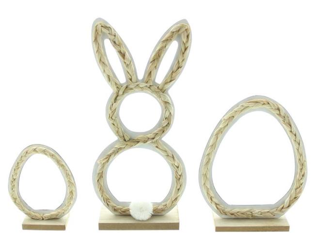Preview: 3x Osterdeko "Natur" Dekofigur aus Holz & Seegras, 12 - 27 cm hoch, Osterhase & Ostereier