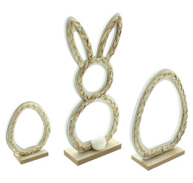 Preview: 3x Osterdeko "Natur" Dekofigur aus Holz & Seegras, 12 - 27 cm hoch, Osterhase & Ostereier