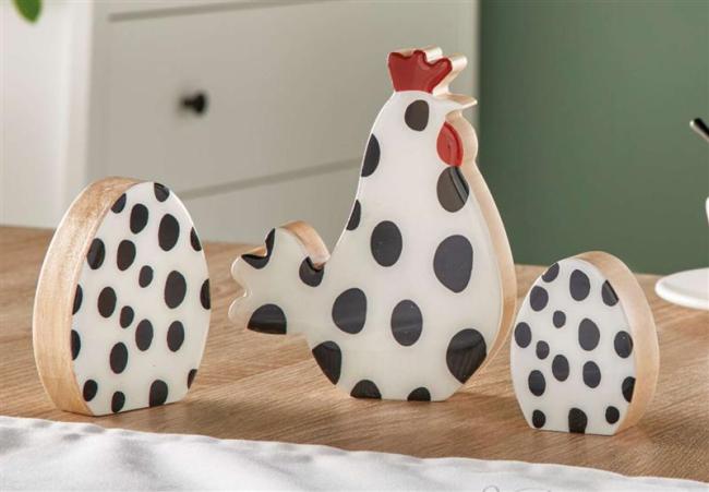 Preview: 3x Osterdeko "Gepunktet" aus Holz, Huhn + 2 Ostereier, weiß + schwarz, glänzend lackiert, Dekohuhn, Osterfigur