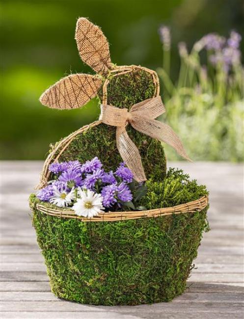 Preview: Pflanztopf "Moos" Osterdeko, Blumentopf mit Hase, Naturmoos & Jute, Pflanzgefäß