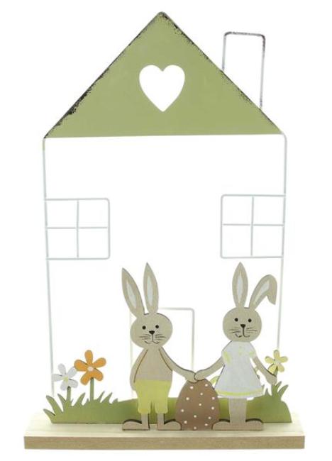 Preview: Dekofigur "Hasenhaus" aus Metall & MDF, 2 Osterhasen, Osterei & Blumen, 34 cm hoch, Osterdeko