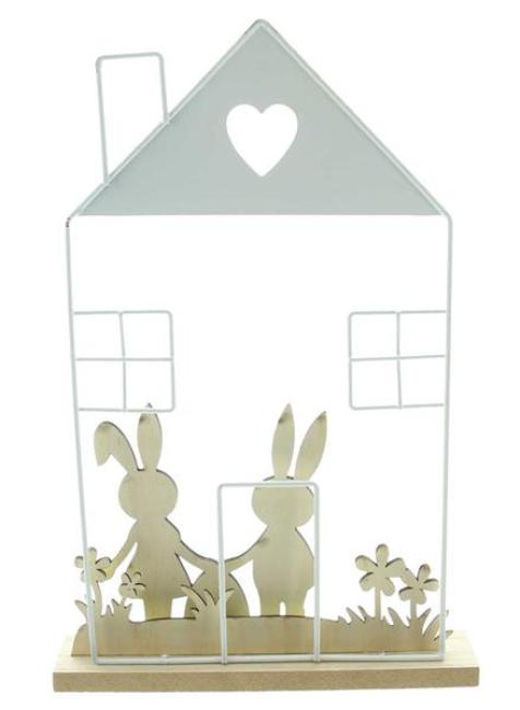 Preview: Dekofigur "Hasenhaus" aus Metall & MDF, 2 Osterhasen, Osterei & Blumen, 34 cm hoch, Osterdeko