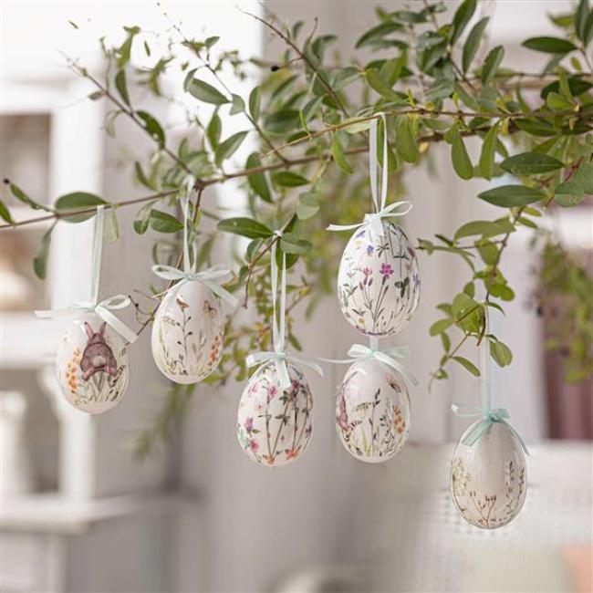 Preview: 6x Dekohänger "Osterei" aus Kunststoff, creme mit Blumenmuster, 7 cm hoch, Ostereier zum Aufhängen, Hängedeko, Osterdeko