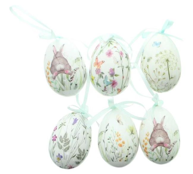 Preview: 6x Dekohänger "Osterei" aus Kunststoff, creme mit Blumenmuster, 7 cm hoch, Ostereier zum Aufhängen, Hängedeko, Osterdeko