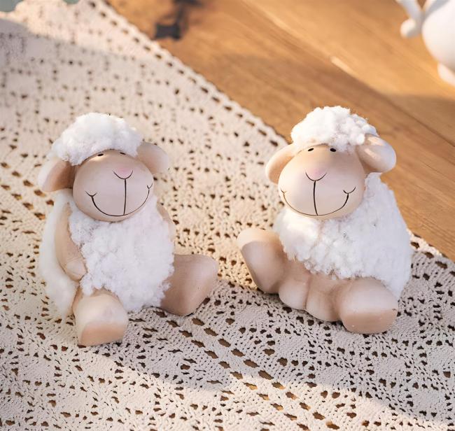 2x Dekofigur "Schaf" aus Terracotta & Wolle, Schäfchen, Osterdeko, Lamm