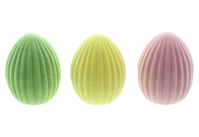 Preview: 3x Dekofigur Osterei "Samt" aus Terracotta mit Samtbezug, 10 cm hoch, Osterdeko, Osterfigur