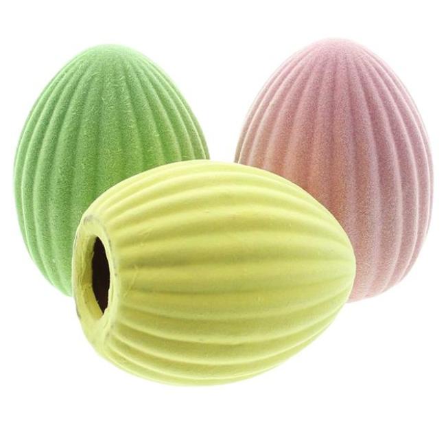 3x Dekofigur Osterei "Samt" aus Terracotta mit Samtbezug, 10 cm hoch, Osterdeko, Osterfigur