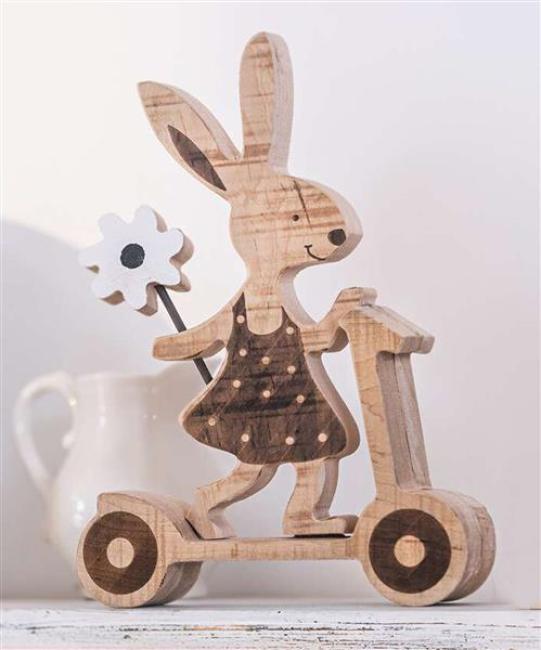 Preview: Dekofigur "Hasenmädchen auf Roller" aus recyceltem Holz, Osterhase, Osterdeko, Hasenfigur