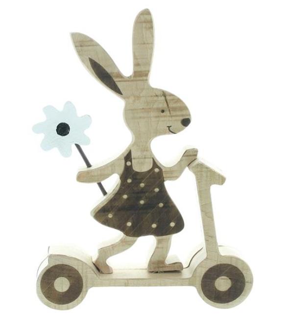Preview: Dekofigur "Hasenmädchen auf Roller" aus recyceltem Holz, Osterhase, Osterdeko, Hasenfigur