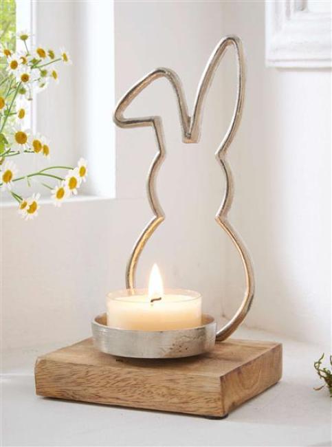 Preview: Teelichthalter "Hase" aus Mango Holz & Aluminiumguss im Antik Design, 21 cm hoch, Osterdeko, Kerzenhalter