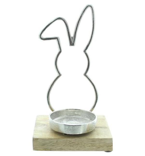 Preview: Teelichthalter "Hase" aus Mango Holz & Aluminiumguss im Antik Design, 21 cm hoch, Osterdeko, Kerzenhalter