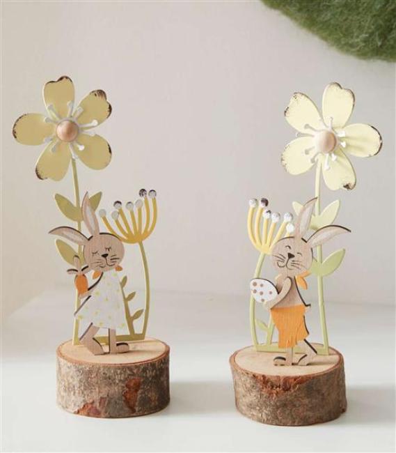 Preview: 2x Dekofigur Hase "Blumenwiese" aus MDF & Metall, 18 cm hoch, Osterdeko, Osterhase, Hasenfigur
