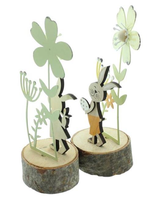Preview: 2x Dekofigur Hase "Blumenwiese" aus MDF & Metall, 18 cm hoch, Osterdeko, Osterhase, Hasenfigur
