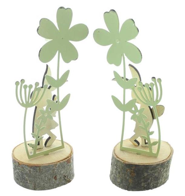 2x Dekofigur Hase "Blumenwiese" aus MDF & Metall, 18 cm hoch, Osterdeko, Osterhase, Hasenfigur