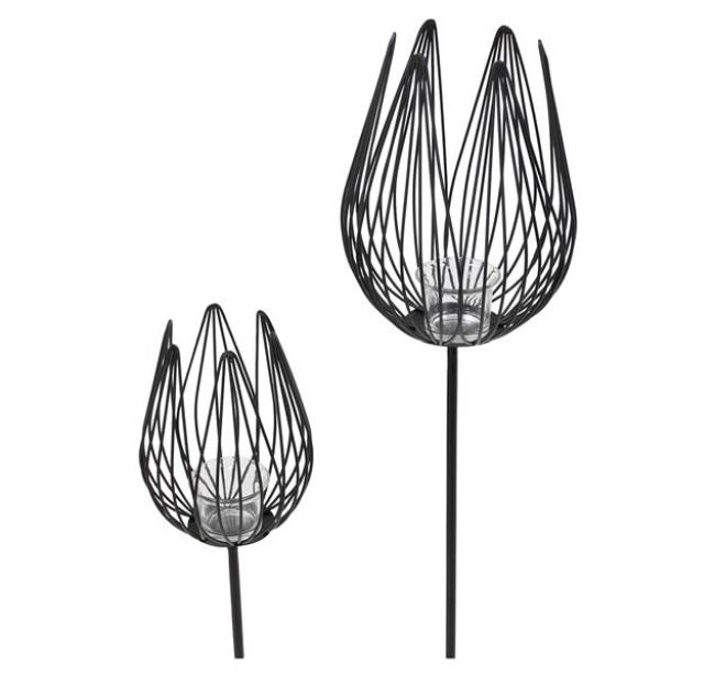 2x Gartenstecker "Blüte" aus Metall, schwarz, mit Windlicht, Teelichthalter, Dekostecker, Gartendeko für Draußen