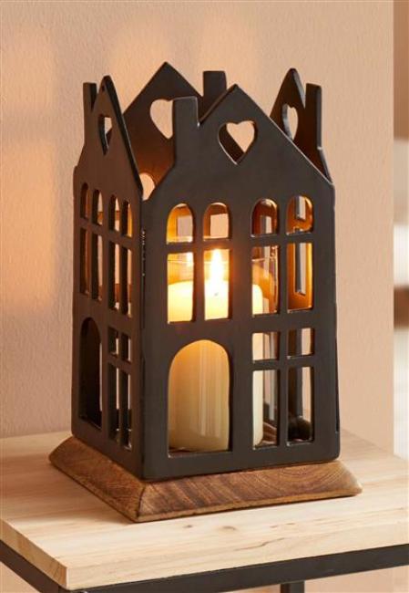 Preview: Windlicht "Haus" aus Metall, schwarz, Sockel aus Mango Holz & Windlichtglas, Kerzenhalter