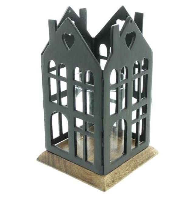 Preview: Windlicht "Haus" aus Metall, schwarz, Sockel aus Mango Holz & Windlichtglas, Kerzenhalter