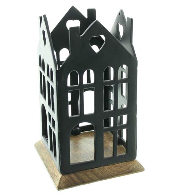 Preview: Windlicht "Haus" aus Metall, schwarz, Sockel aus Mango Holz & Windlichtglas, Kerzenhalter