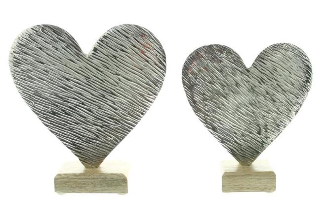Preview: 2x Dekofigur Herz "Silber" aus Aluminiumguss in silber, Antik Finish, Sockel aus Mango Holz, Dekoherz