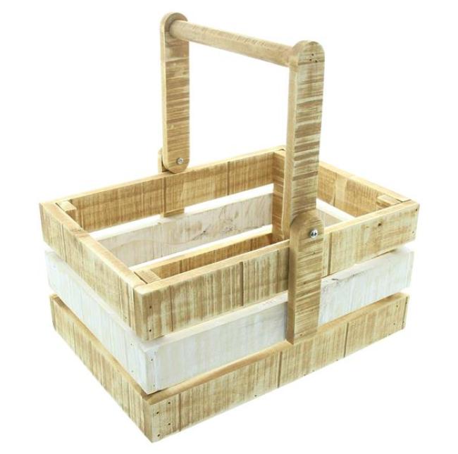 Preview: Dekokiste "Rustikal" aus Holz, braun & weiß gekalkt, umlegbarer Henkel, Aufbewahrungskiste, Holzkiste