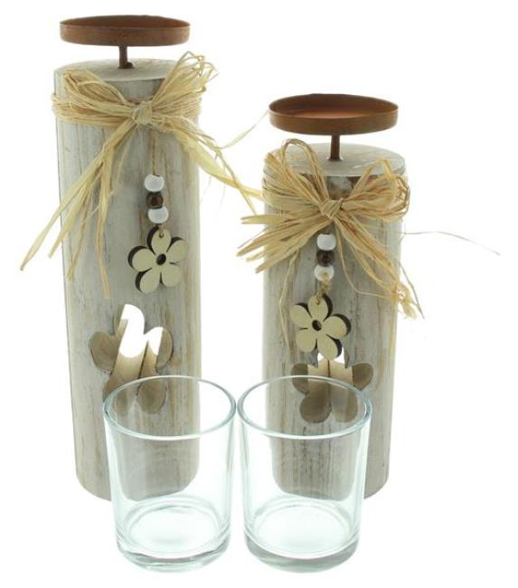 Preview: 2x Windlichtsäule "Blüten" aus Holz & Glas, 30 + 35 cm hoch, im Shabby Look, Teelichthalter, Holzsäule mit Kerzenglas