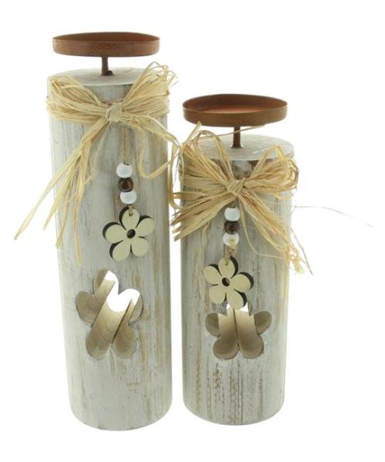 Preview: 2x Windlichtsäule "Blüten" aus Holz & Glas, 30 + 35 cm hoch, im Shabby Look, Teelichthalter, Holzsäule mit Kerzenglas