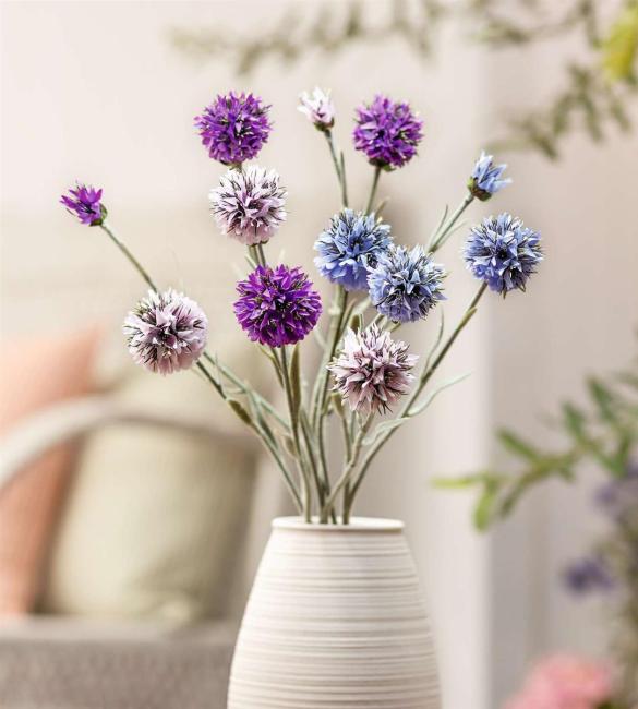 3x Kunstblume "Kugeldistel" in rose, lila & blau, 59 cm hoch, Dekozweige, Kunstpflanze, Dekoblume
