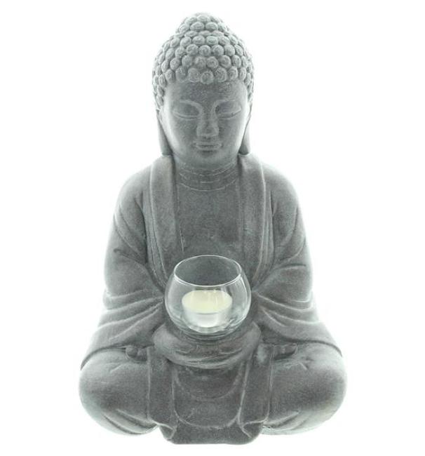 Preview: Dekofigur Buddha "Erleuchtung" aus Zement in Stein Optik mit Windlichtglas, 33 cm hoch, Gartendeko für Draußen
