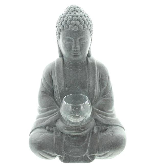 Preview: Dekofigur Buddha "Erleuchtung" aus Zement in Stein Optik mit Windlichtglas, 33 cm hoch, Gartendeko für Draußen