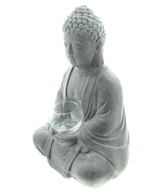 Dekofigur Buddha "Erleuchtung" aus Zement in Stein Optik mit Windlichtglas, 33 cm hoch, Gartendeko für Draußen