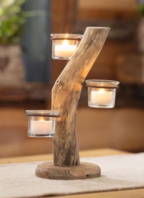 Teelichthalter "Baum" aus Holz, 3 Teelichtgläser, 28 cm hoch, Unikat, Kerzenhalter