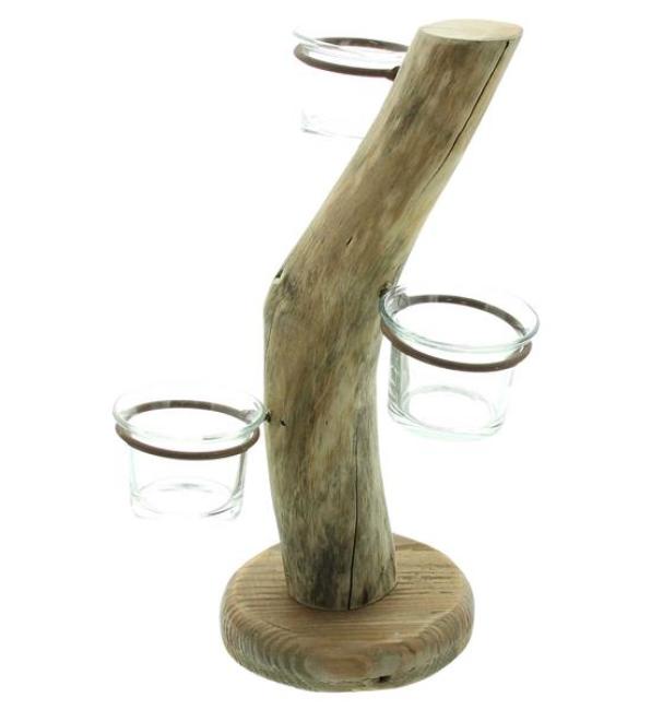 Preview: Teelichthalter "Baum" aus Holz, 3 Teelichtgläser, 28 cm hoch, Unikat, Kerzenhalter