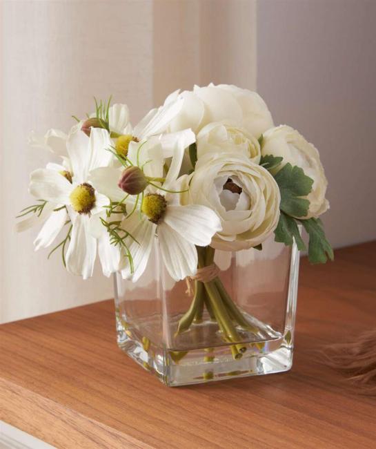 Deko-Set "White" Vase mit Blumenstrauß, Glasvase mit künstlichen Blumen, Blumenvase, Tischvase