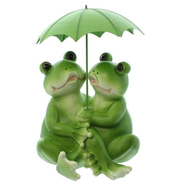 Preview: Dekofigur Froschpaar "Regenschirm" aus Polyresin, grün, 23 cm hoch, Froschfigur, Froschdeko