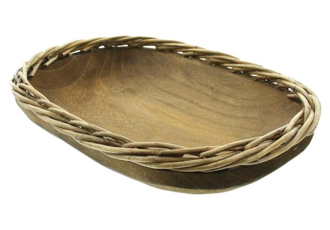 Preview: Schale "Flechtrand" aus Holz & Weide, oval, 37x27 cm, Handarbeit, Obstschale, Snackschale